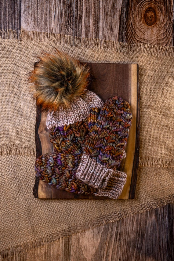 Fall Fleur Beanie and Mittens set (Adult) - 100% Merino Wool Beanie (Brown, Natural, Green, Orange)