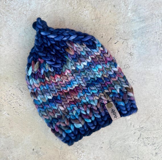 Variegated Blue Infant Beanie (0-6mo) - 100% Merino Wool Beanie (Blue, Purple)
