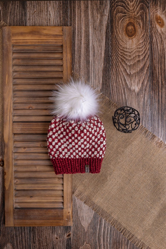 Red Kaleidoscope Beanie (Adult) - 100% Merino Wool Beanie (Red & White)