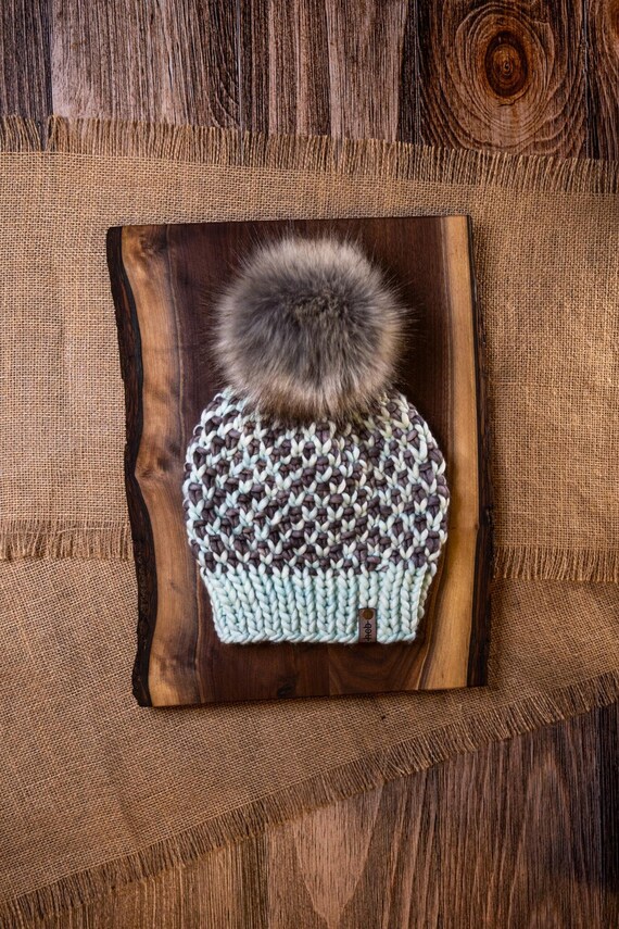 Kaleidoscope Beanie (Adult) - 100% Merino Wool Beanie (Grey, Teal)