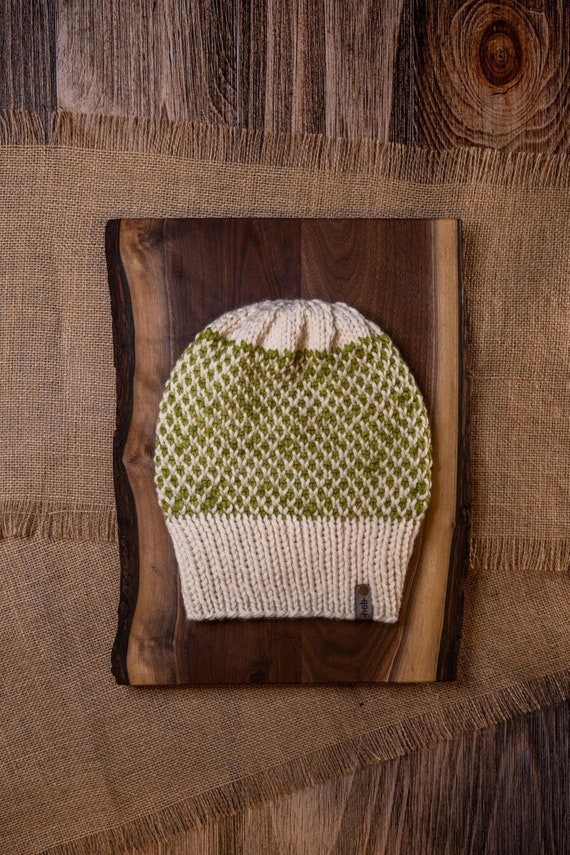 Kaleidoscope Slouchy Beanie (Adult) - 100% Merino Wool Beanie (Green & White)