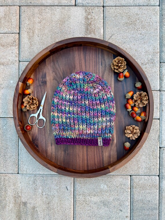 Headcase Knit Ridges Beanie, Purple/Rainbow (Adult) - 100% Merino Wool