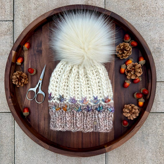Mirror Pond Beanie w/Pom - Beige/Purple/Brown (Adult) - 100% Merino Wool