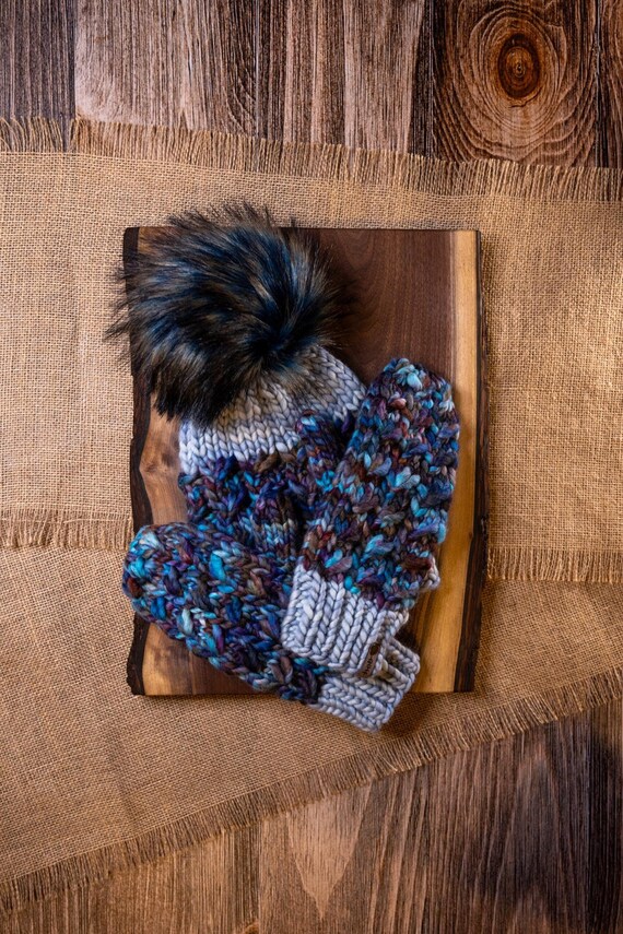Frosty Fleur Beanie and Mittens set (Adult) - 100% Merino Wool Beanie (Blue, White, Purple)