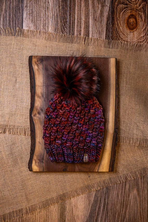 Stepping Stones Beanie (Adult) - 100% Merino Wool Beanie (Red, Purple)