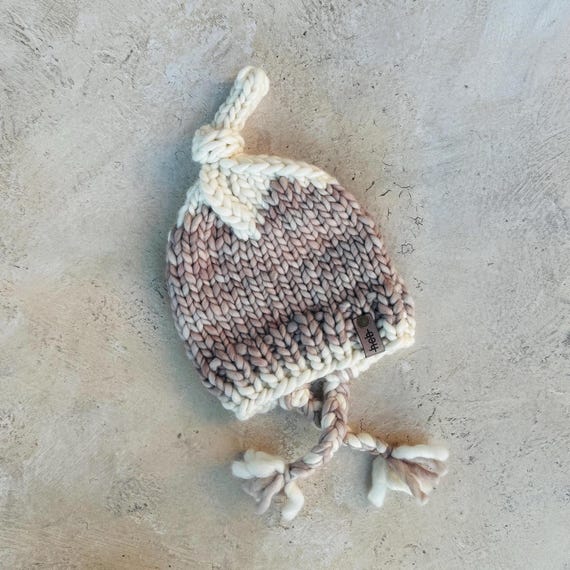 Natural Tan Infant Bonnet (0-6mo) - 100% Merino Wool Beanie (Brown, Tan, White)