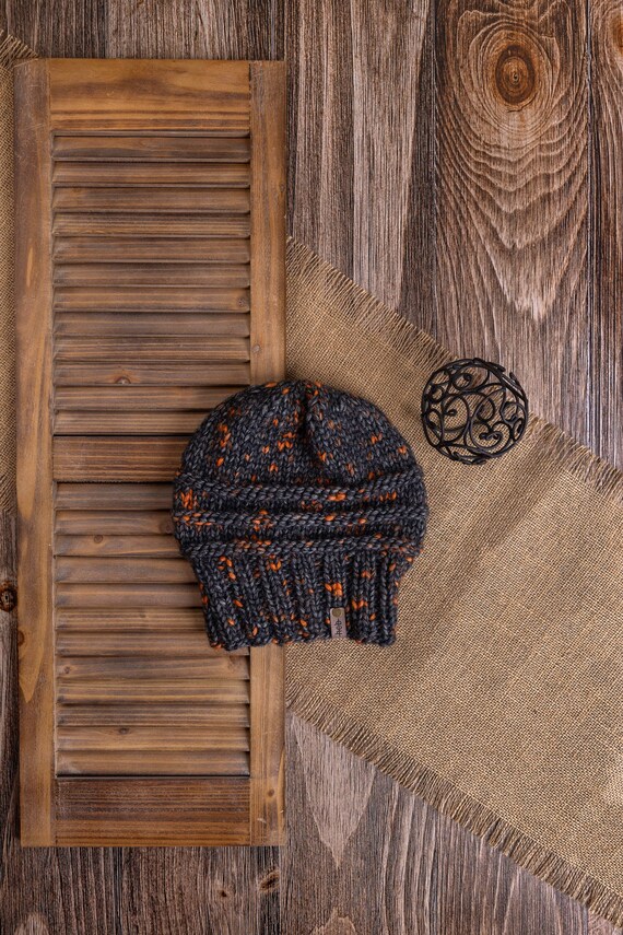 Slouchy Charcoal Beanie (Adult) - 100% Peruvian Alpaca Wool Beanie (Black, Charcoal, Orange)