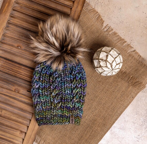 Spindrift Beanie (Adult) - 100% Merino Wool Beanie (Green/Purple/Blue)