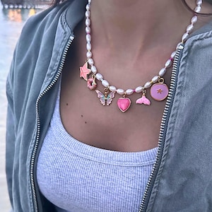 Pink Charm Necklace Barbie Charm Necklace Donut Charm Necklace Butterfly Charm Necklace Heart Charm Necklace for Daughter Teenager Charm