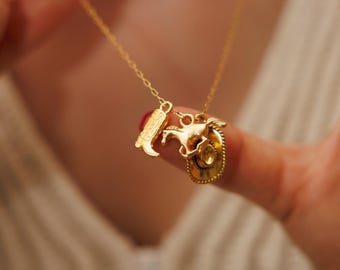 14k Gold Plated Cowgirl Necklace Personalize Your Western Jewelry Cowboy Necklace Cowgirl Charm Necklace Cowgirl Hat Charm Horseshoe Charm