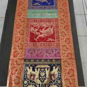 Elephant Print Silk Brocade Table Runner 16x60 Indian Decor Dining Decorative Washable