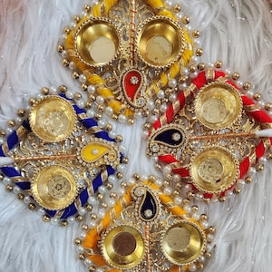 Handcrafted Square Haldi Kumkum Holder , Return gifts for pooja, housewarming, Roli chawal platter.in mix  Color tilak sticks.