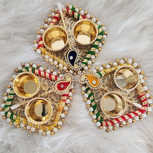 Handcrafted Square Haldi Kumkum Holder , Return gifts for pooja, housewarming, Roli chawal platter. Multi Color tilak sticks.