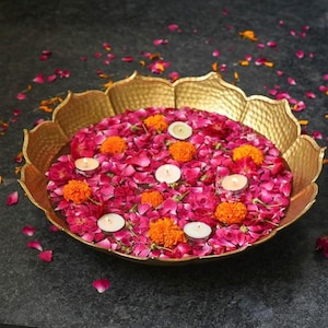 Golden Lotus Urli Bowl: Metal Floating Flower & Candle Holder