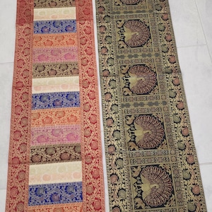 Peacock Print Silk Brocade Table Runner Indian Decor 16x60 inch Heavy Decorative Holiday Cloth