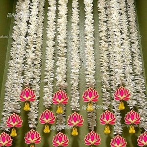 Lotus Garland Gajra Pink MDF Lotus with Bells | Artificial Flower Hanging | Temple Decor | Diwali Decoration | Indian Wedding | Housewarming
