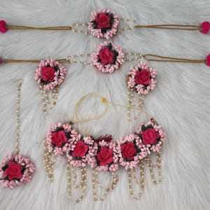 Floral Handmade Haldi Mehandi jewelry set Necklace,Earrings,Maang Tikka,and Hand Gajra Indian Wedding Bridal jewelry Mehandi Wedding Sangeet