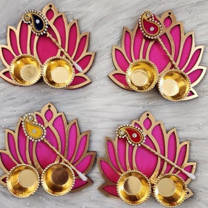 Handcrafted Haldi Kumkum Holder with Tilak Stick and Lotus Return gifts for pooja, housewarming, Roli chawal platter.