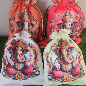 Lot of 100 Silk Lord Ganpati Printed Return Gift Wrapping Bags | Sangeet Haldi Bridal Shower Return Gifting Potli Bags | Silk Potli Bags