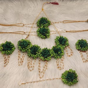 Floral Haldi Mehandi Jewelry Set Handmade Bridal Necklace, Earrings, Maang Tikka, Gajra – Indian Wedding Sangeet Accessories