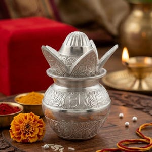 May include: A silver-toned metal kalash pot featuring intricate embossed floral patterns and a removable lid shaped like a blooming lotus flower. The vessel has a rounded body with a wide neck and a textured surface, showcasing detailed craftsmanship.