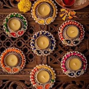 Handcrafted Multi Color Tea Light Holder: Diwali Festival Home Decor Candle Diya Gift