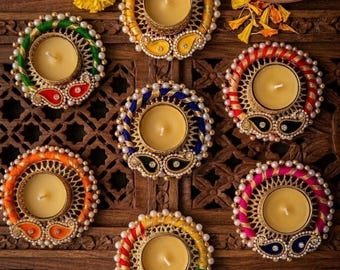 Handcrafted Multi Color Tea Light Holder: Diwali Festival Home Decor Candle Diya Gift