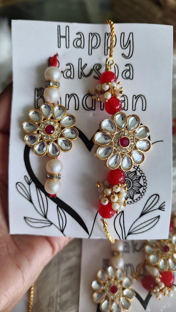 Quvyarts Designer Rakhi Set For Brother & Bhabhi - Handmade Crystal Pearl Rakhi With Roli Chawal
