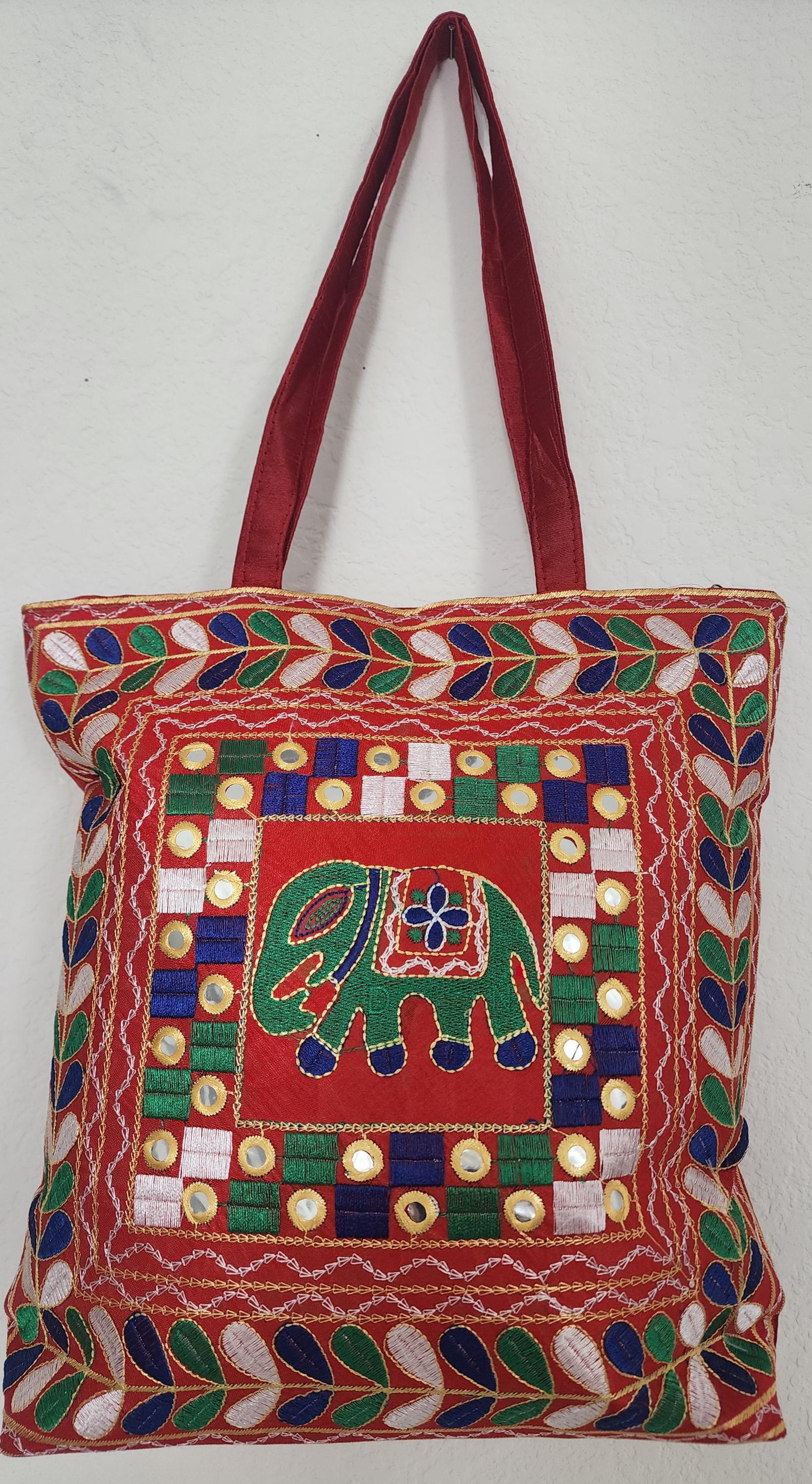 Embroidered Elephant Crossbody Bag: Indian Mirror Work Jhola Bag