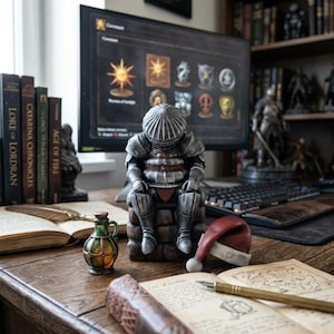 May include: A detailed figurine of a knight in silver armor, seated on a brick structure, is the focal point. A small Santa hat rests nearby. The scene includes books, a computer monitor, and a decorative glass bottle, creating a themed display.