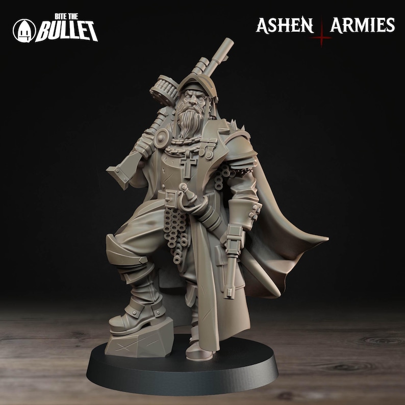 May include: A detailed, gray miniature figurine of a bearded warrior in armor, holding a rifle and a large hammer. The figure is standing on a small platform, with the words "Bite the Bullet" and "Ashen Armies" visible.