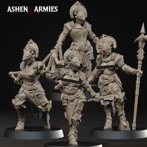 Może przedstawiać: Szare miniaturowe figurki rycerzy w zbrojach, w różnych pozach. Niektóre trzymają broń, np. łańcuchy i maczugę. Tekst "ASHEN ARMIES" jest widoczny u góry.