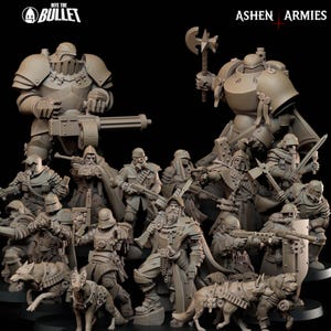 May include: A collection of detailed miniature figurines of soldiers and armored figures, some with weapons and dogs. The figures are in a neutral color, with the text "Bite the Bullet" and "Ashen Armies" visible.