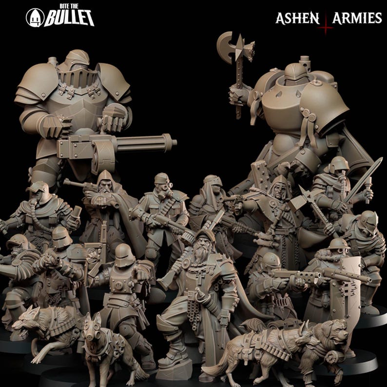 May include: A collection of detailed miniature figurines of soldiers and armored figures, some with weapons and dogs. The figures are in a neutral color, with the text "Bite the Bullet" and "Ashen Armies" visible.