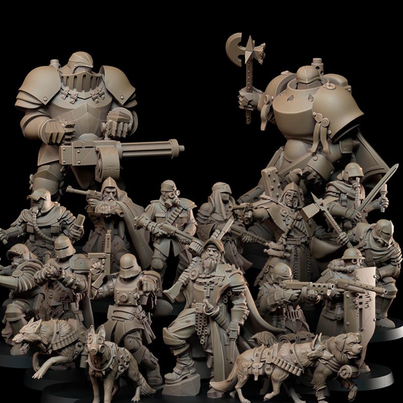 May include: A collection of detailed miniature figurines depicting a fantasy army. The figures include soldiers with rifles, axes, and swords, along with armored figures and dogs. The color palette is monochromatic, with a focus on the intricate details of each character.