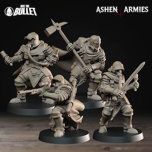 May include: Four gray miniature figurines of armored soldiers, each posed with a weapon. One figure kneels with a rifle, while others wield a hammer, sword, and a cylindrical object. The figures are on black circular bases. The text "Bite the Bullet" and "Ashen Armies" are visible.