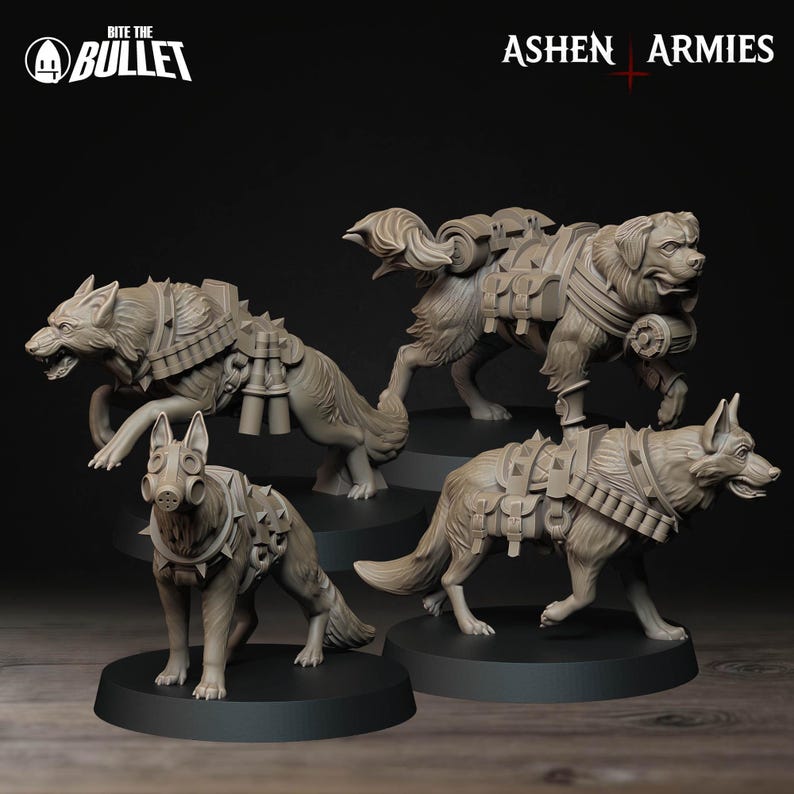 May include: Four detailed, gray-colored dog figurines, each posed differently. The dogs are equipped with tactical gear, including harnesses, packs, and gas masks. The text "Bite the Bullet" and "Ashen Armies" are visible.