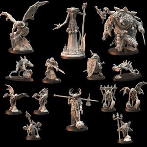 May include: A selection of grey miniature figurines, featuring fantasy creatures and characters. The set includes winged demons, skeletal figures, and monstrous beings, each on a small circular base. The figures are intricately sculpted, showcasing a variety of weapons and accessories, ideal for tabletop gaming.