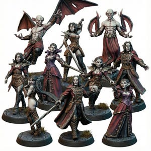 Könnte beinhalten: Eine Sammlung von Fantasy-Miniaturen, die Vampire und Vampirjäger darstellen. Die Figuren sind in verschiedenen Farben bemalt, darunter Rot, Braun und Grau, und posieren mit Schwertern und Flügeln. Die Miniaturen stehen auf runden Sockeln.