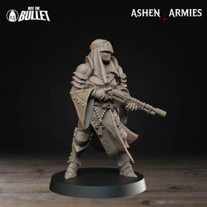 May include: A gray miniature figure of a warrior in armor, holding a rifle. The figure is wearing a helmet and a long coat, with a rosary around the neck. The words "Bite the Bullet" and "Ashen Armies" are visible.