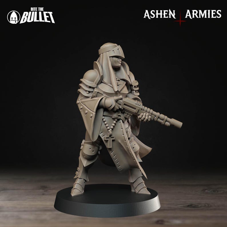 May include: A gray miniature figure of a warrior in armor, holding a rifle. The figure is wearing a helmet and a long coat, with a rosary around the neck. The words "Bite the Bullet" and "Ashen Armies" are visible.