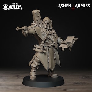 May include: A detailed, gray miniature figure of a robed character holding a pistol and a book. The figure has a hood and is adorned with religious symbols. The figure is standing on a black base. The text "Bite the Bullet" and "Ashen Armies" are visible.