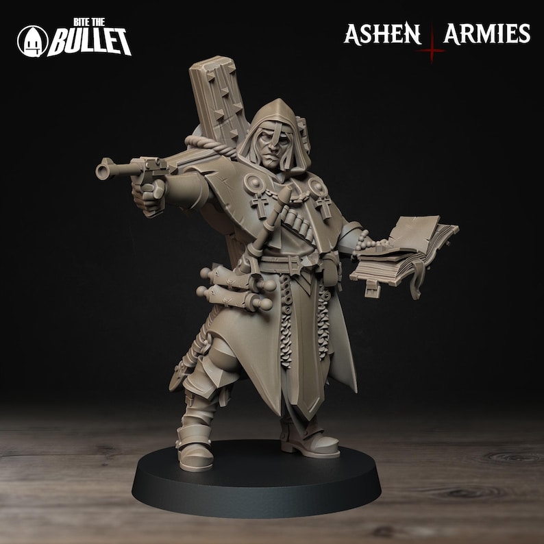 May include: A detailed, gray miniature figure of a robed character holding a pistol and a book. The figure has a hood and is adorned with religious symbols. The figure is standing on a black base. The text "Bite the Bullet" and "Ashen Armies" are visible.