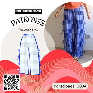Puede incluir: Una ilustración digital de pantalones de pierna ancha con un patrón a cuadros y lazos a los lados. El texto "Patroness" y "Tallas XS-XL" se muestra encima de la ilustración. El texto "Pantalones IC004" se muestra debajo de la ilustración.