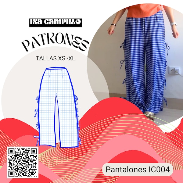 Patrón de costura PDF Pantalón pinzas con aperturas a los lados y lazos / Tallas incluidas XS-XL / Apto para principiantes