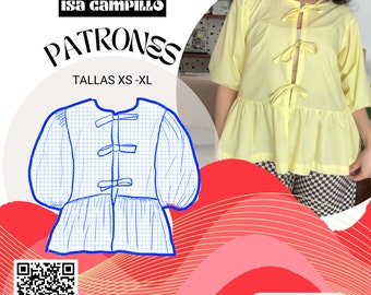 Puff Sleeve Peplum Top PDF Sewing Pattern / Instant Download / Tie Front Blouse / XS-XL / Beginner Friendly