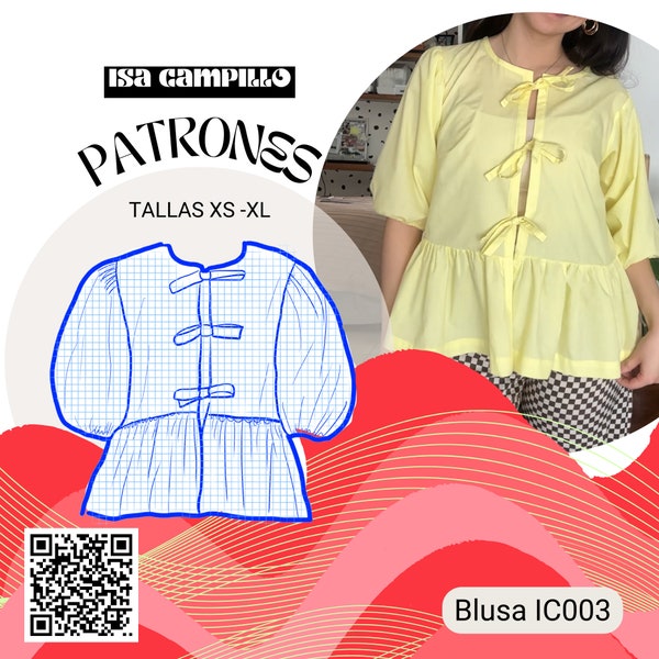 Patrón de costura pdf Top peplum de manga abullonada / Descarga instantánea / Blusa con lazo frontal / XS-XL / Apto para principiantes