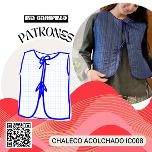 May include: A blue and white striped quilted vest with a tie closure. The vest is shown on a model and is part of a sewing pattern. The pattern is called "Chaleco Acolchado IC008" and is available for purchase.
