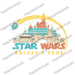 Könnte beinhalten: Eine Retro-Illustration eines Star Wars Galaxy's Edge Themenparks mit einem Raumschiff, das darüber fliegt. Der Text "STAR WARS GALAXY'S EDGE" ist in einer verwitterten Schriftart.