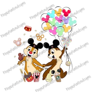 May include: Two cartoon chipmunks wearing Mickey Mouse ears and hats, holding hands, surrounded by colorful balloons, popcorn, and other Disney-themed treats.